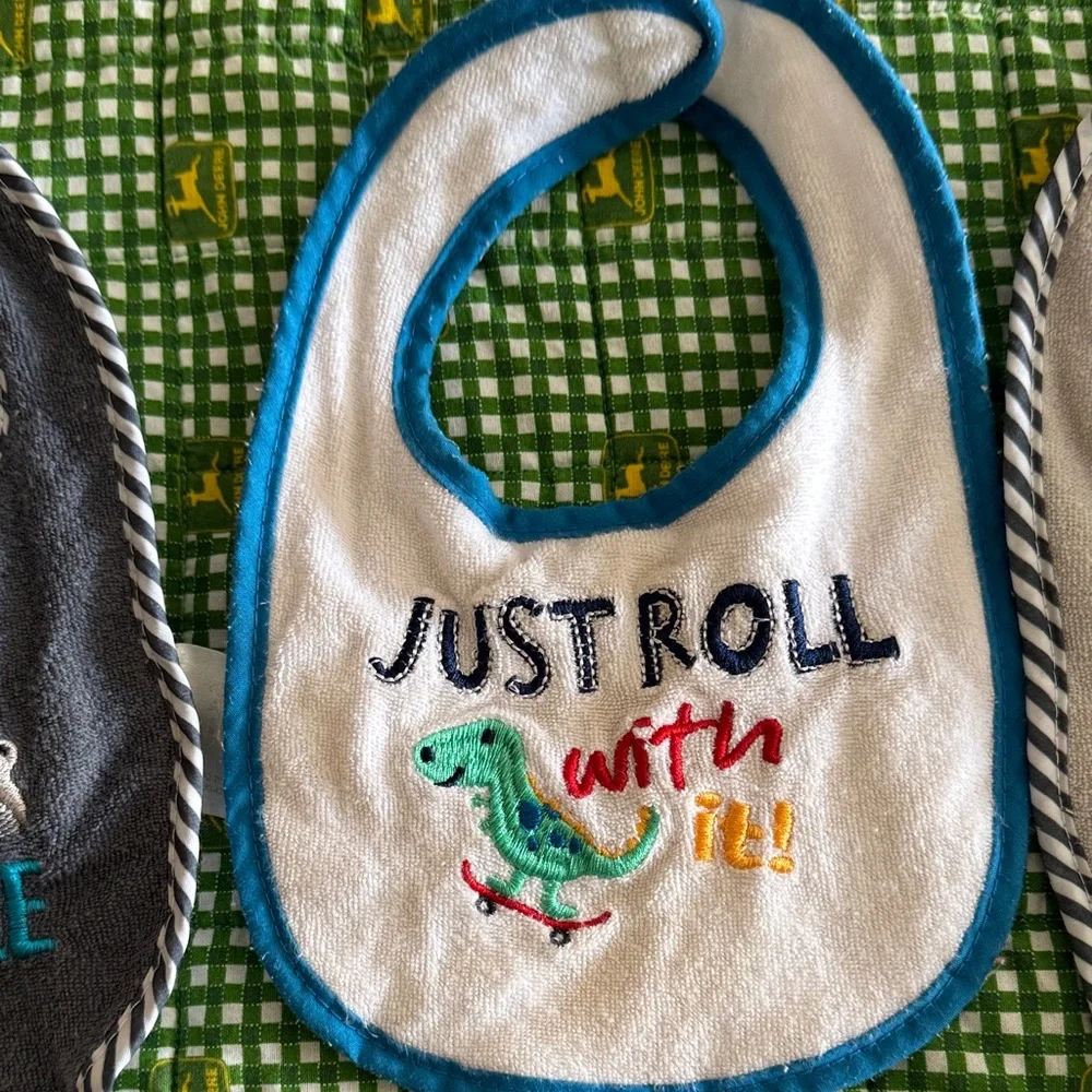 Adorable Dino and Mustache Baby Bib Set - Gray, Cream, Blue